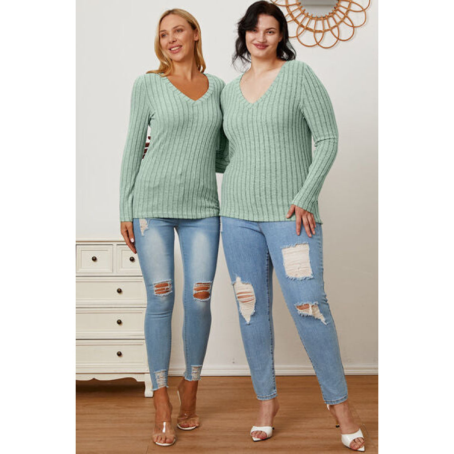 Basic Bae Full Size Ribbed V-Neck Long Sleeve T-Shirt Clothing