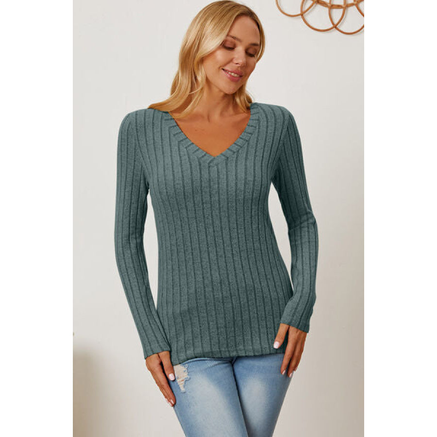 Basic Bae Full Size Ribbed V-Neck Long Sleeve T-Shirt Clothing