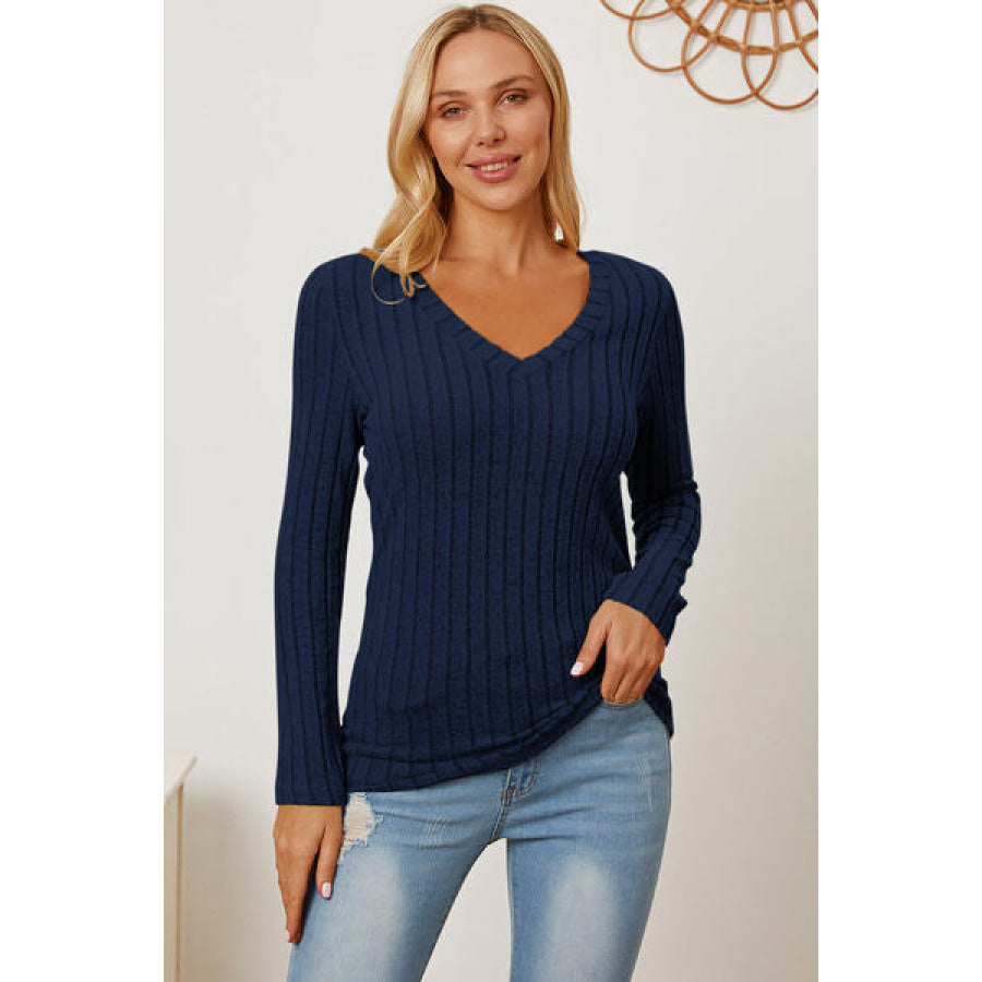 Basic Bae Full Size Ribbed V-Neck Long Sleeve T-Shirt Peacock Blue / S Clothing