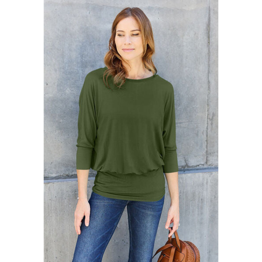 Basic Bae Full Size Round Neck Batwing Sleeve Blouse Army Green / S Clothing