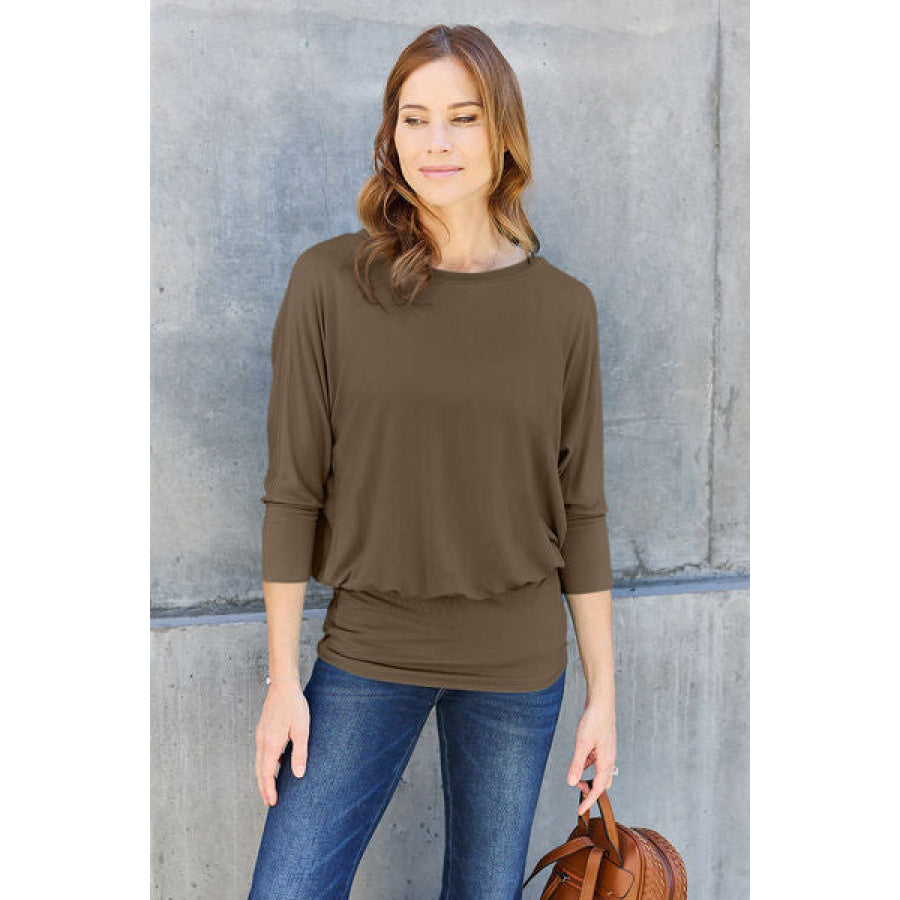 Basic Bae Full Size Round Neck Batwing Sleeve Blouse Chestnut / S Clothing