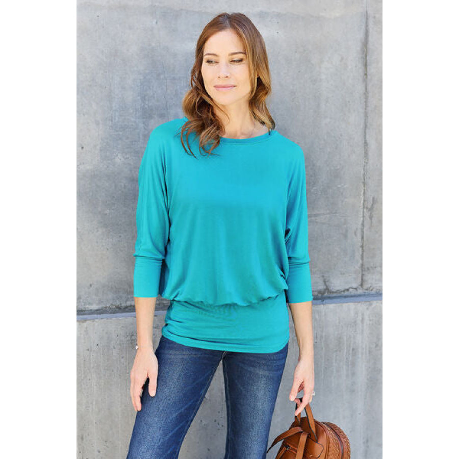 Basic Bae Full Size Round Neck Batwing Sleeve Blouse Sky Blue / S Clothing