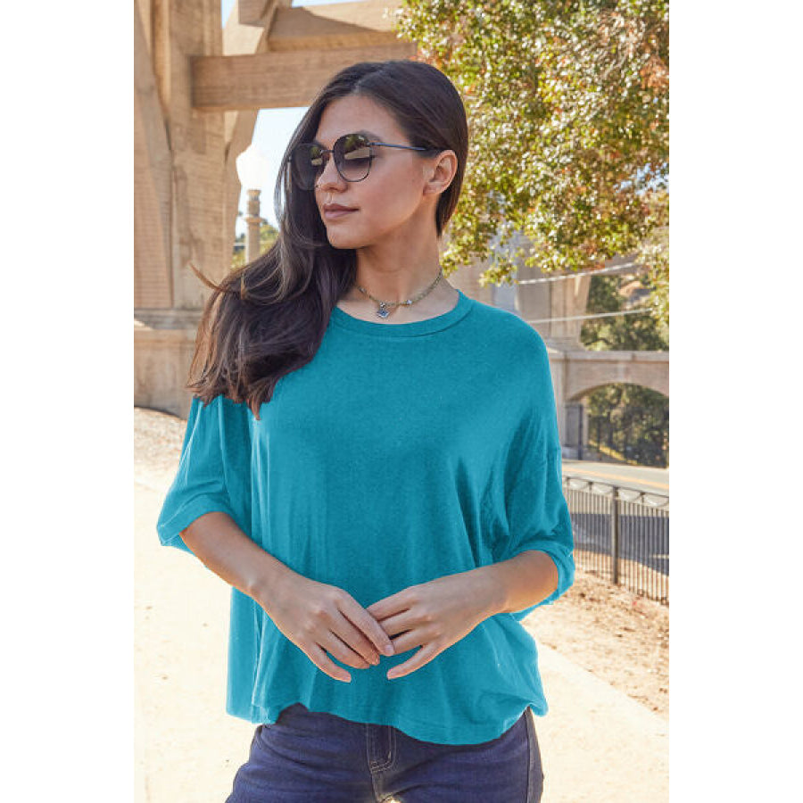 Basic Bae Full Size Round Neck Drop Shoulder T-Shirt Sky Blue / S Clothing