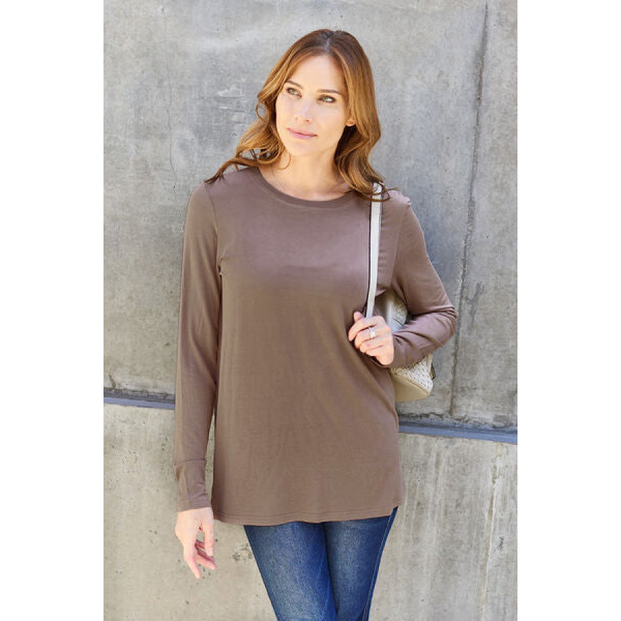 Basic Bae Full Size Round Neck Long Sleeve Top Taupe / S Clothing