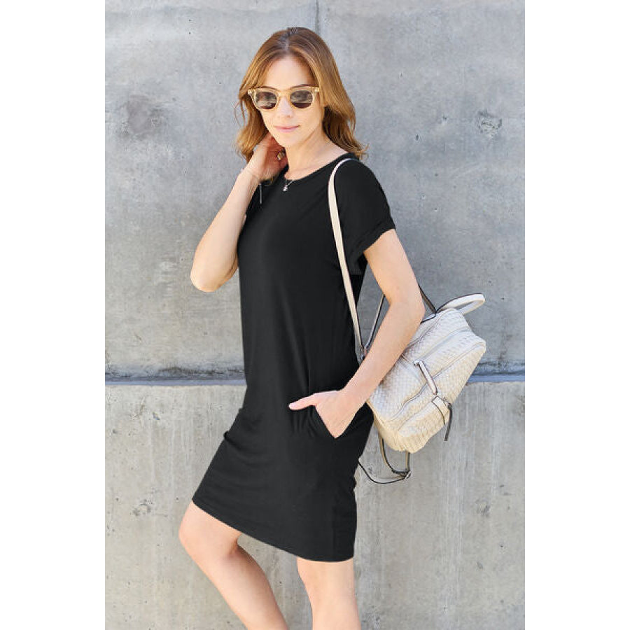 Basic Bae Full Size Round Neck Short Sleeve Dress with Pockets Apparel and Accessories