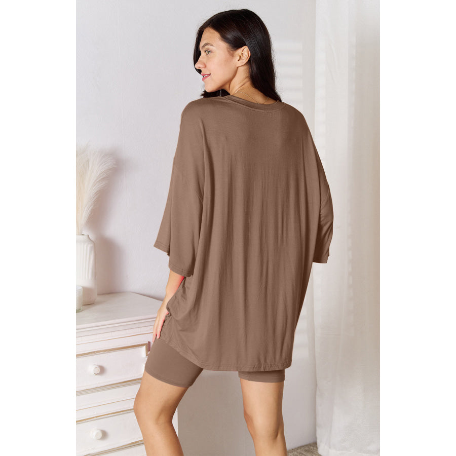 Basic Bae Full Size Soft Rayon Three-Quarter Sleeve Top and Shorts Set Taupe / S Apparel and Accessories