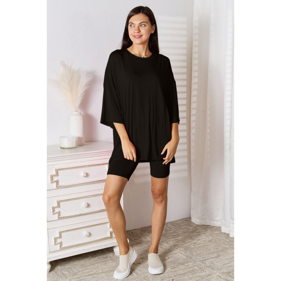 Basic Bae Full Size Soft Rayon Three-Quarter Sleeve Top and Shorts Set Black / S Apparel and Accessories