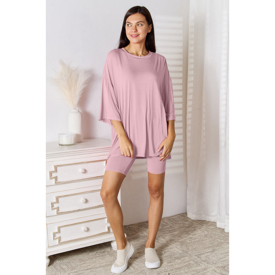 Basic Bae Full Size Soft Rayon Three-Quarter Sleeve Top and Shorts Set Blush Pink / S Apparel and Accessories