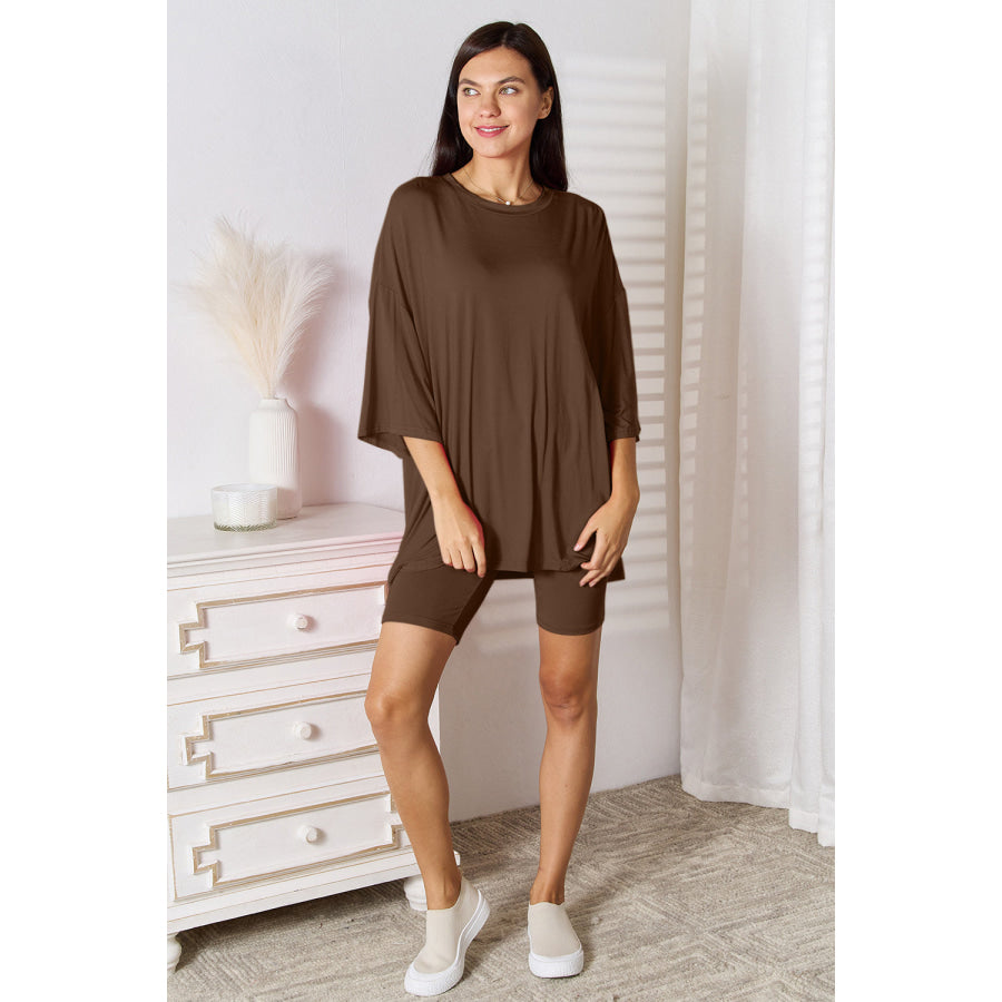 Basic Bae Full Size Soft Rayon Three-Quarter Sleeve Top and Shorts Set Chocolate / S Apparel and Accessories