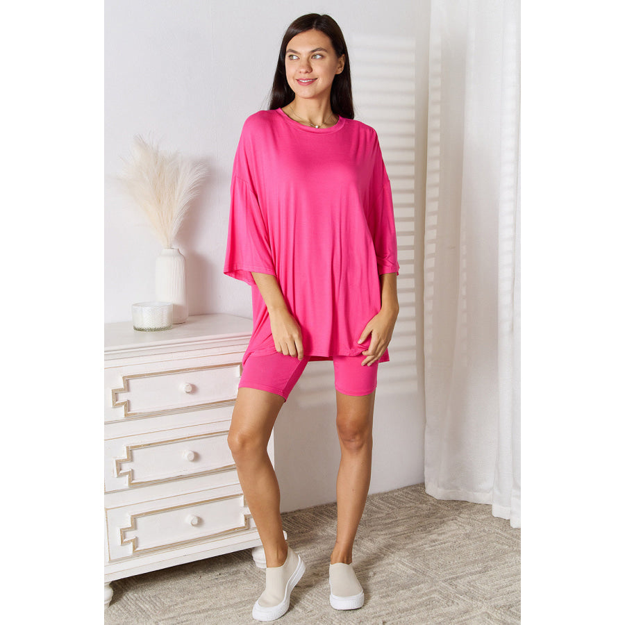 Basic Bae Full Size Soft Rayon Three-Quarter Sleeve Top and Shorts Set Hot Pink / S Apparel and Accessories