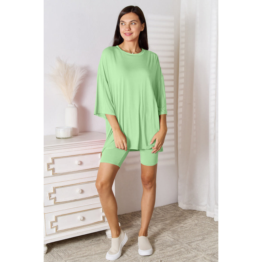 Basic Bae Full Size Soft Rayon Three-Quarter Sleeve Top and Shorts Set Light Green / S Apparel and Accessories