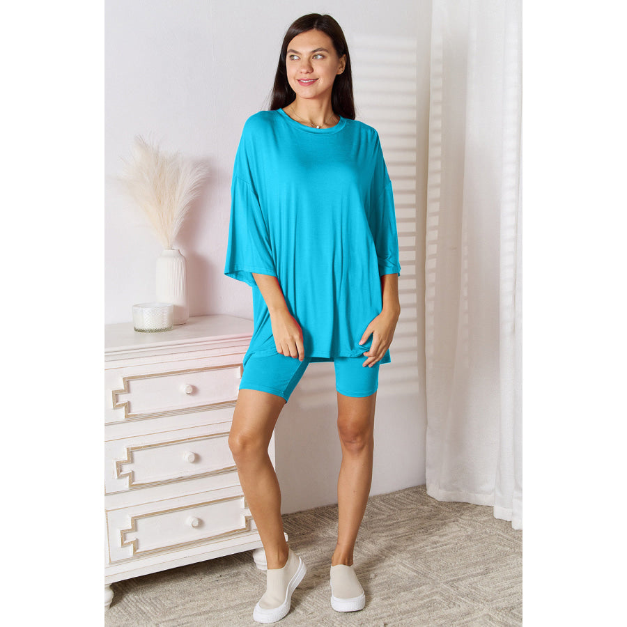 Basic Bae Full Size Soft Rayon Three-Quarter Sleeve Top and Shorts Set Sky Blue / S Apparel and Accessories