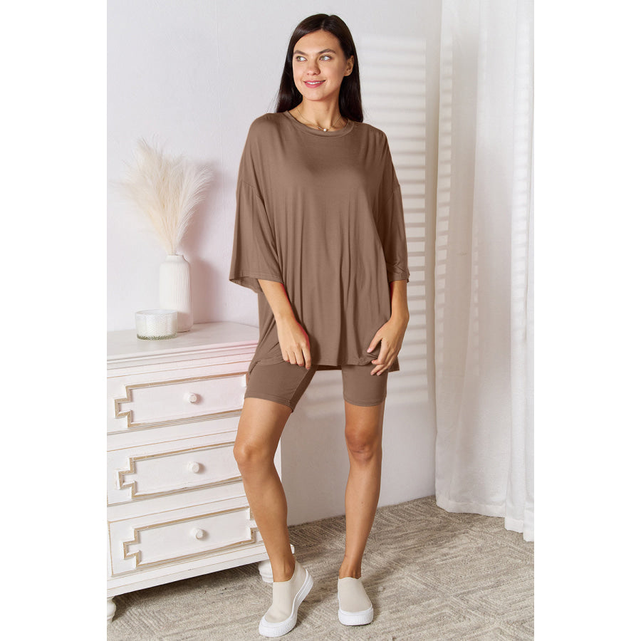 Basic Bae Full Size Soft Rayon Three-Quarter Sleeve Top and Shorts Set Taupe / S Apparel and Accessories