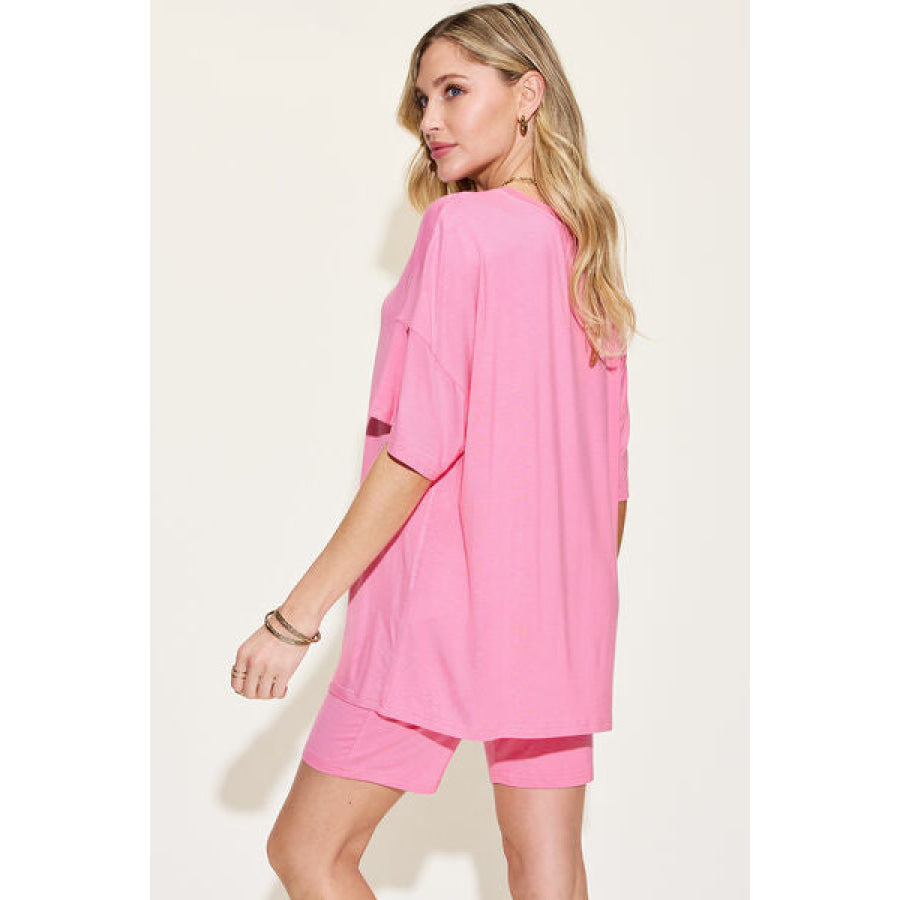 Basic Bae Full Size V - Neck Drop Shoulder Short Sleeve T - Shirt and Shorts Set Coral / S Apparel Accessories