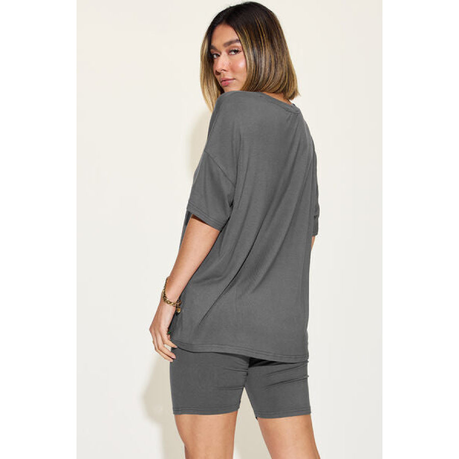 Basic Bae Full Size V - Neck Drop Shoulder Short Sleeve T - Shirt and Shorts Set Apparel Accessories