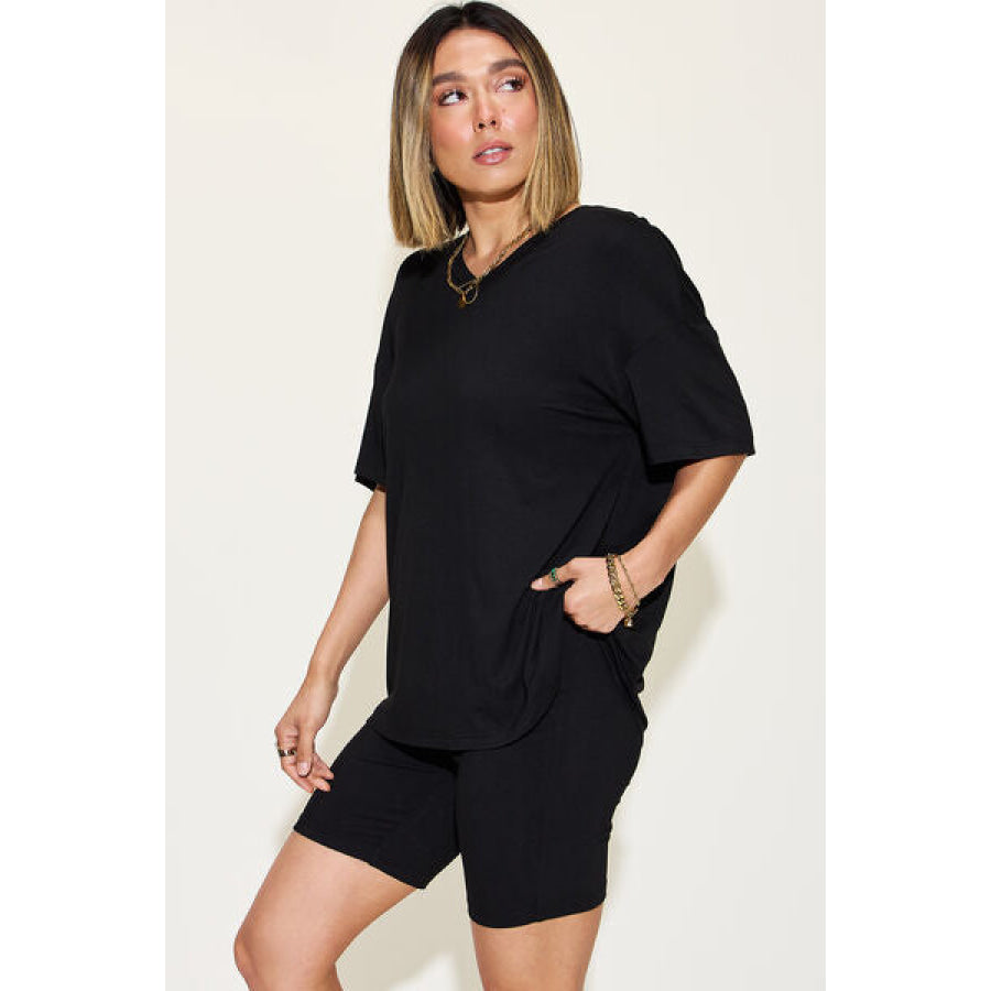 Basic Bae Full Size V - Neck Drop Shoulder Short Sleeve T - Shirt and Shorts Set Black / S Apparel Accessories