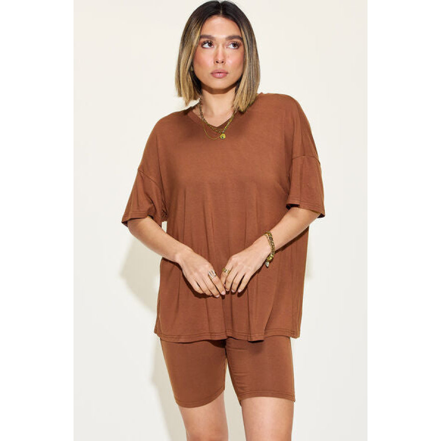 Basic Bae Full Size V - Neck Drop Shoulder Short Sleeve T - Shirt and Shorts Set Chestnut / S Apparel Accessories