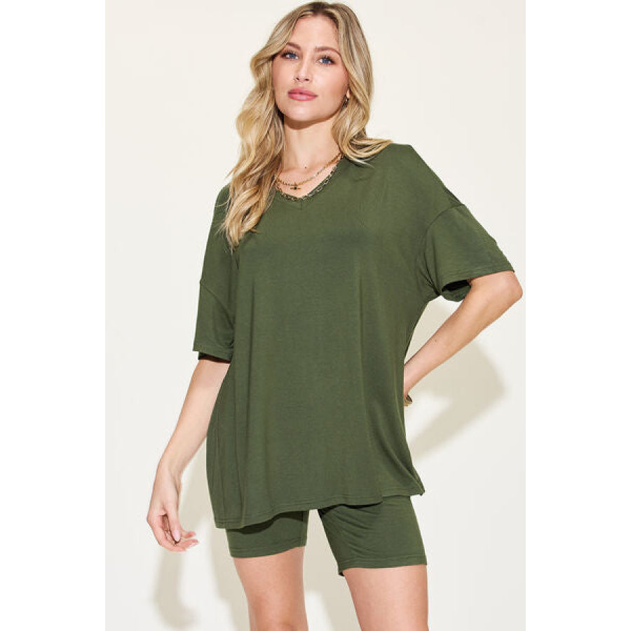 Basic Bae Full Size V - Neck Drop Shoulder Short Sleeve T - Shirt and Shorts Set Moss / S Apparel Accessories