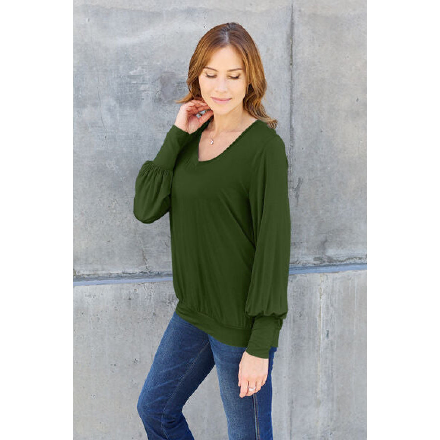 Basic Bae Full Size V-Neck Lantern Sleeve Blouse Clothing