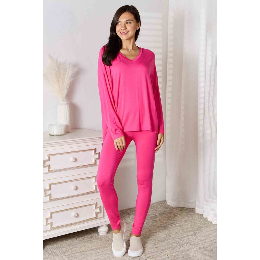 Basic Bae Full Size V-Neck Soft Rayon Long Sleeve Top and Pants Lounge Set Hot Pink / S