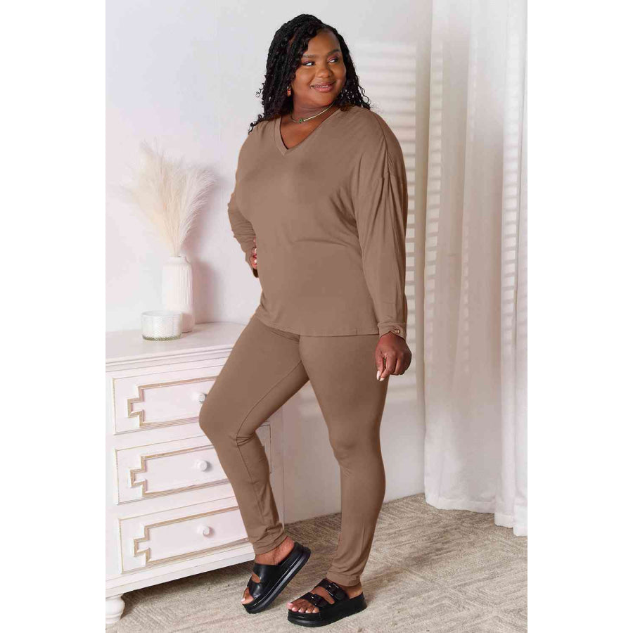Basic Bae Full Size V-Neck Soft Rayon Long Sleeve Top and Pants Lounge Set Taupe / S