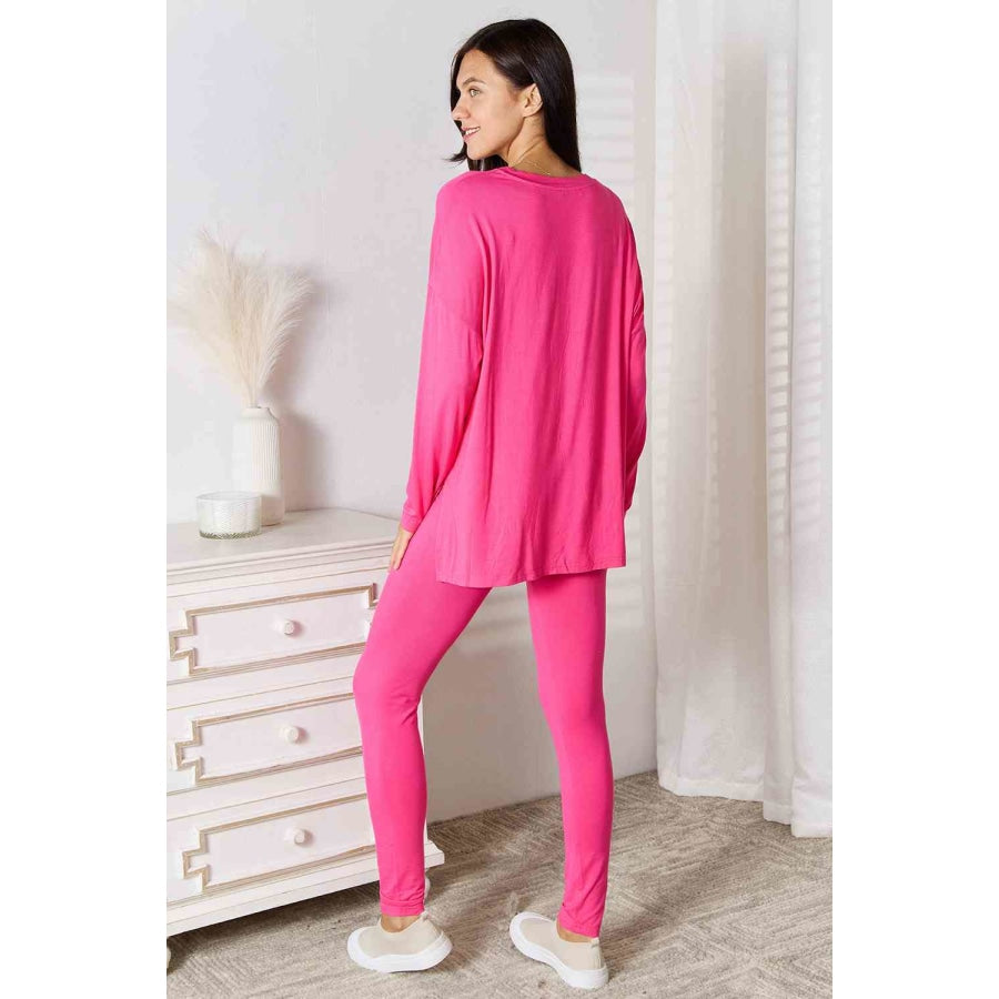 Basic Bae Full Size V-Neck Soft Rayon Long Sleeve Top and Pants Lounge Set Hot Pink / S