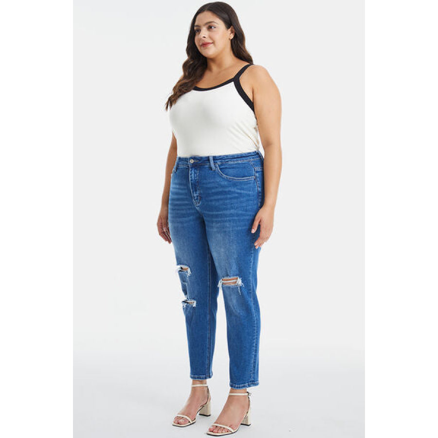 BAYEAS Full Size Distressed High Waist Mom Jeans DARK BLUE / Apparel and Accessories