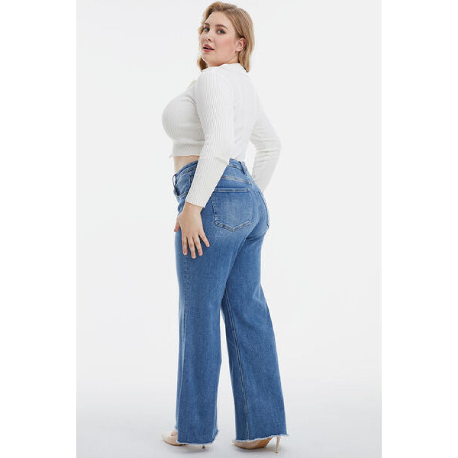 BAYEAS Full Size High Waist Button - Fly Raw Hem Wide Leg Jeans BLUELOTUS / Apparel and Accessories