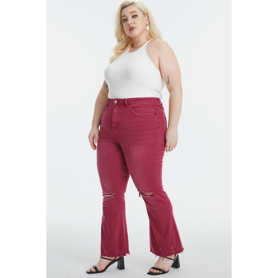 BAYEAS Full Size High Waist Distressed Raw Hem Flare Jeans WINE / Apparel and Accessories