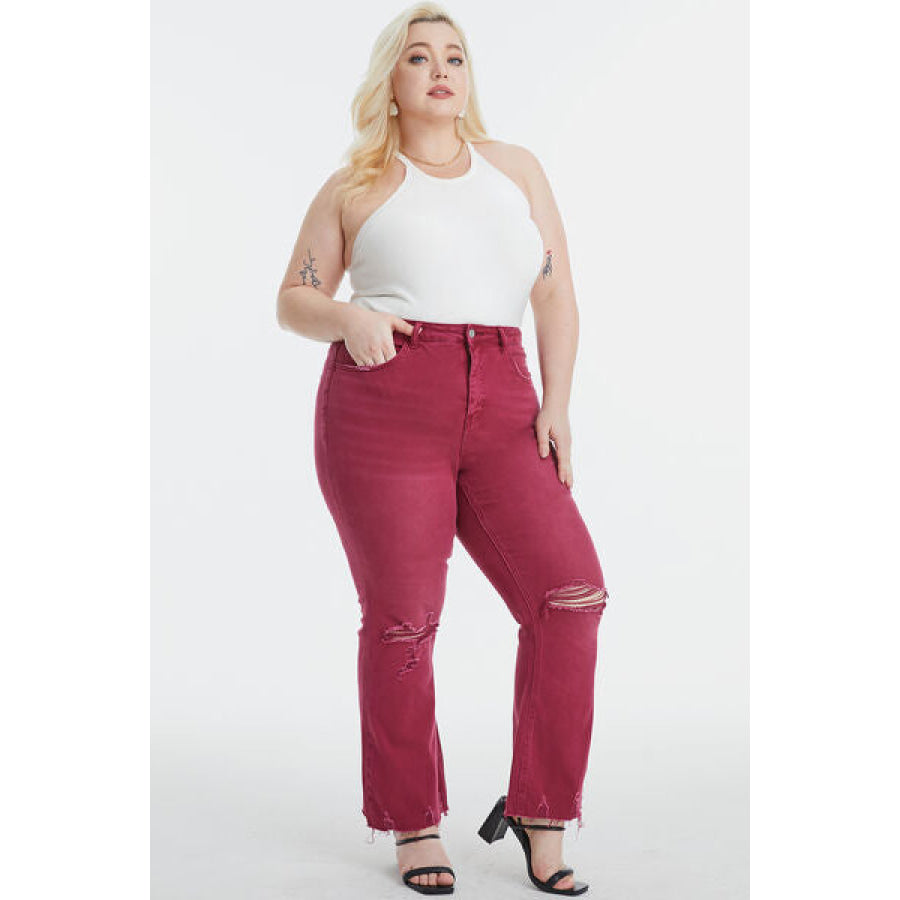 BAYEAS Full Size High Waist Distressed Raw Hem Flare Jeans WINE / Apparel and Accessories