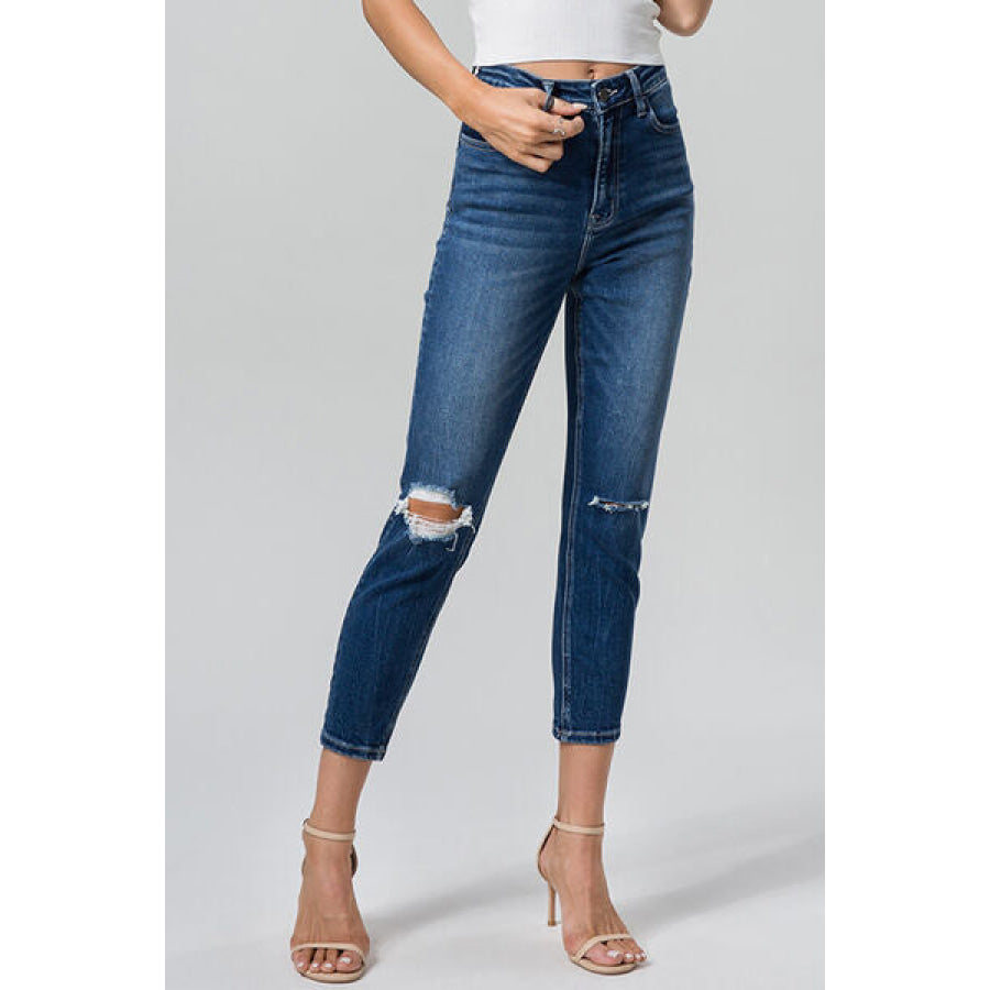 BAYEAS Full Size High Waist Distressed Washed Cropped Mom Jeans DARK BLUE / Apparel and Accessories