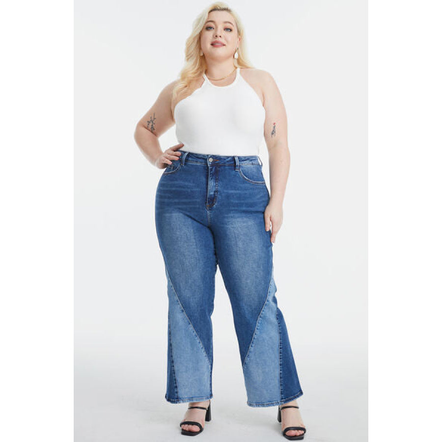 BAYEAS Full Size High Waist Two - Tones Patched Wide Leg Jeans DOUBLE ROSE / Apparel and Accessories