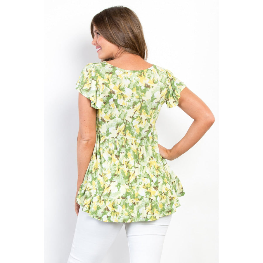 Be Stage Floral Ruffled Babydoll Top Lime / S Apparel and Accessories