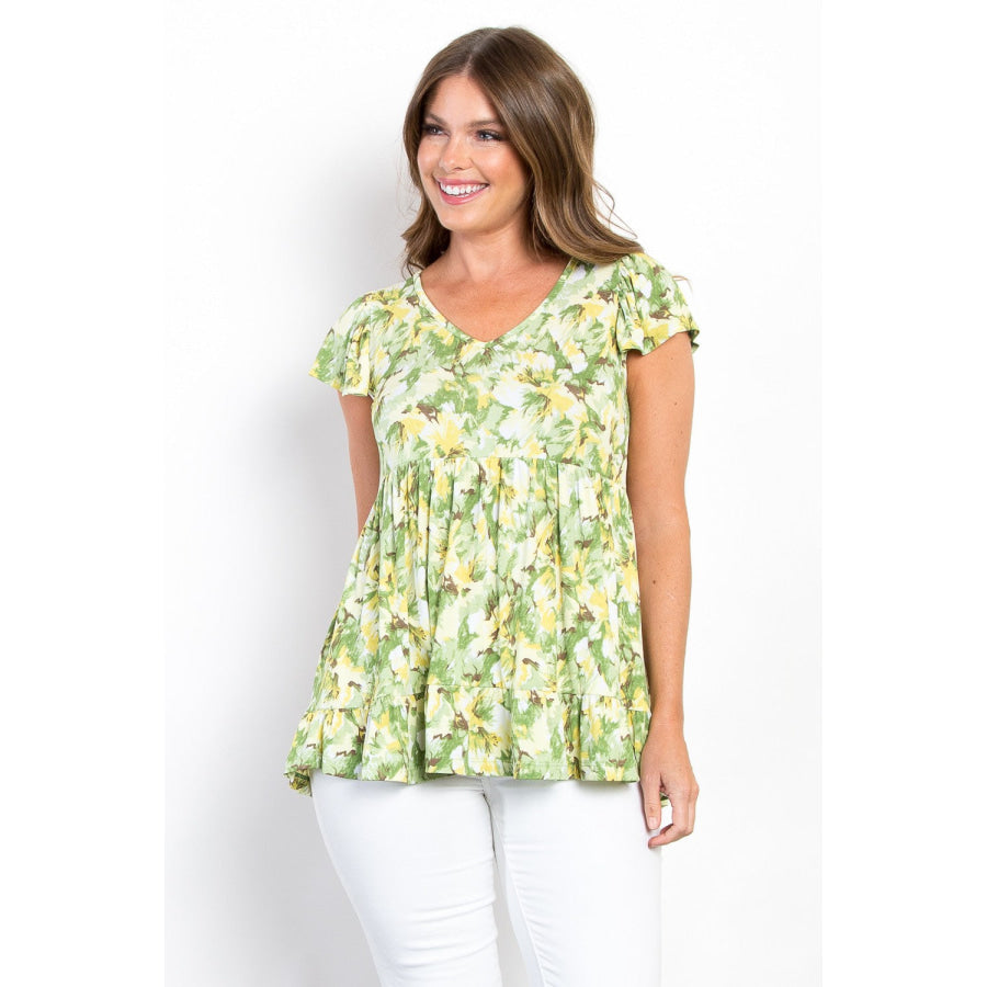 Be Stage Floral Ruffled Babydoll Top Lime / S Apparel and Accessories