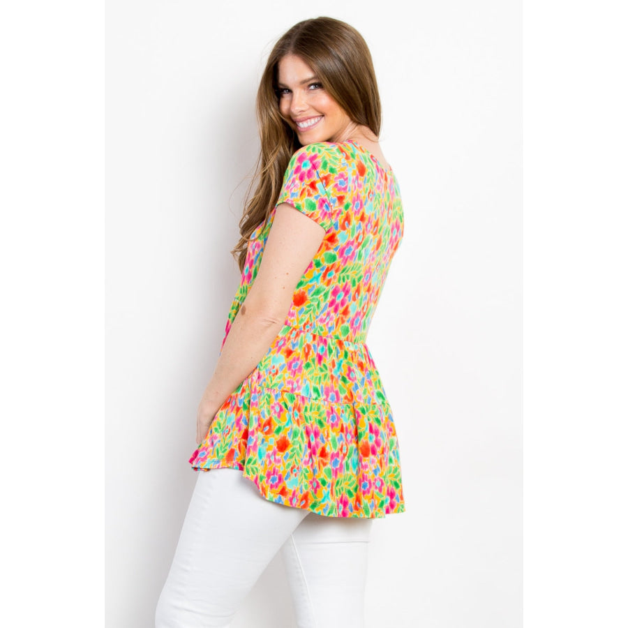 Be Stage Floral Short Sleeve Babydoll Top Lime / S Apparel and Accessories