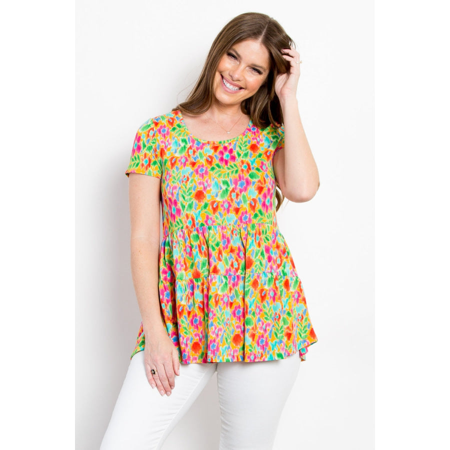 Be Stage Floral Short Sleeve Babydoll Top Lime / S Apparel and Accessories