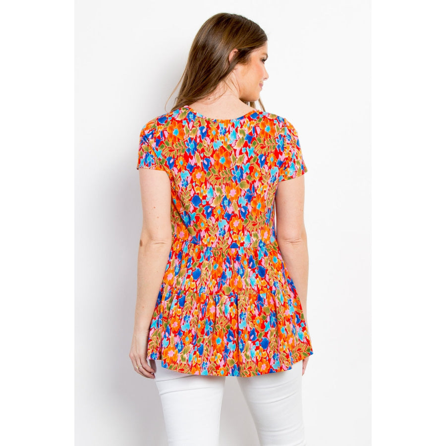 Be Stage Full Size Floral Short Sleeve Babydoll Top Apparel and Accessories