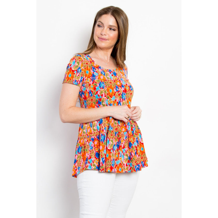 Be Stage Full Size Floral Short Sleeve Babydoll Top Apparel and Accessories
