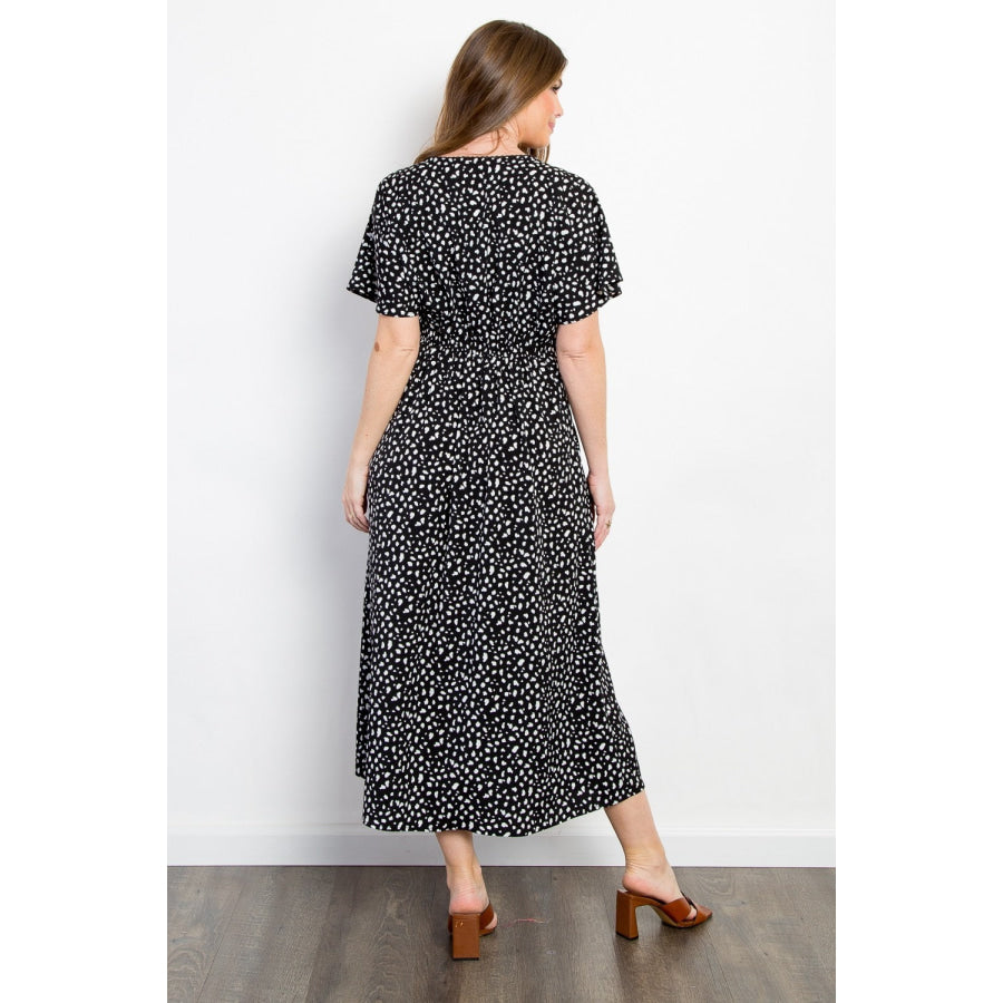 Be Stage Full Size Printed Smocked Waist Dress Black / S Apparel and Accessories