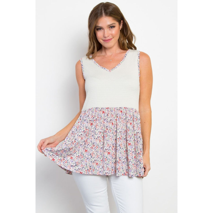 Be Stage Full Size Smocked Printed Peplum Sleeveless Top White / S Apparel and Accessories