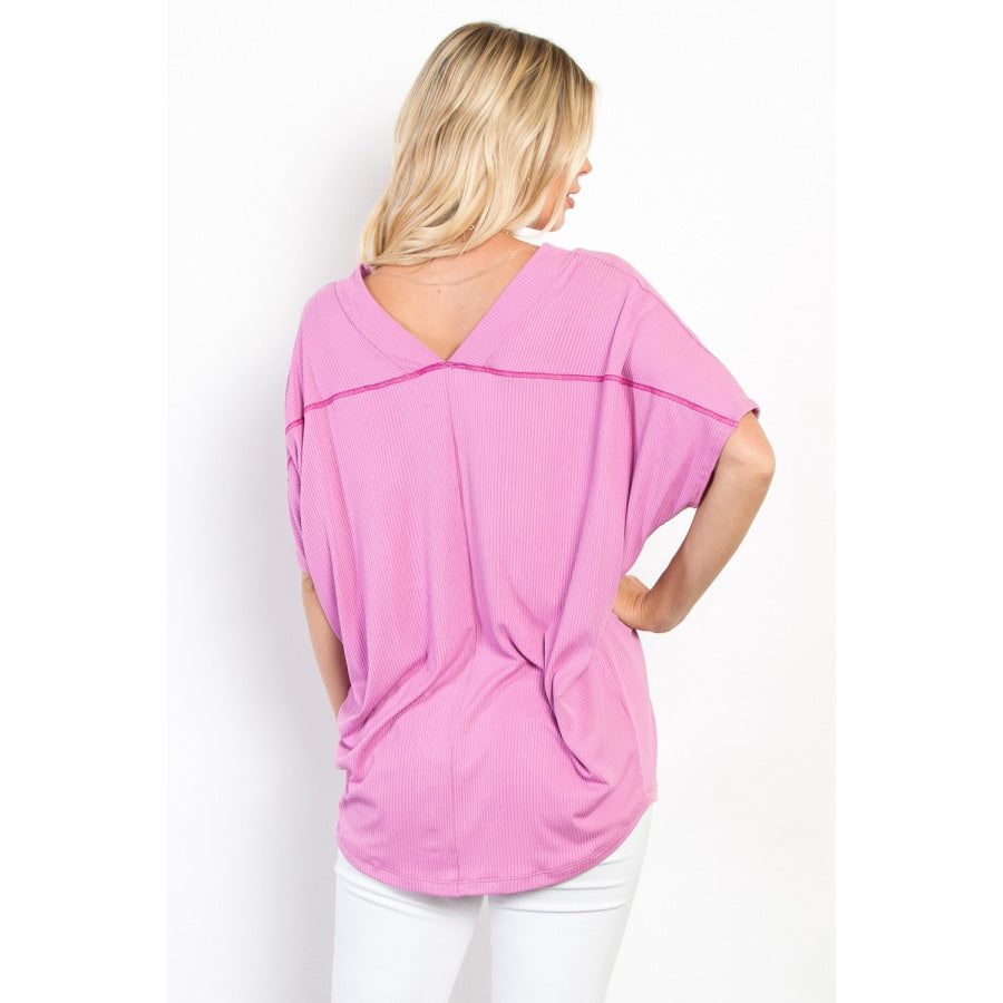 Be Stage Full Size V-Neck Short Sleeve Ribbed Top Charm Pink / S Apparel and Accessories