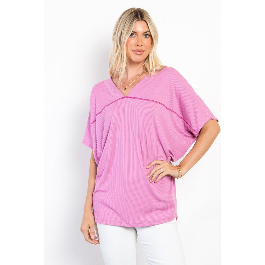 Be Stage Full Size V-Neck Short Sleeve Ribbed Top Charm Pink / S Apparel and Accessories