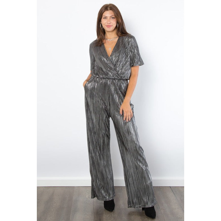 Be Stage Surplice Short Sleeve Pleated Foil Jumpsuit Silver / S Apparel and Accessories
