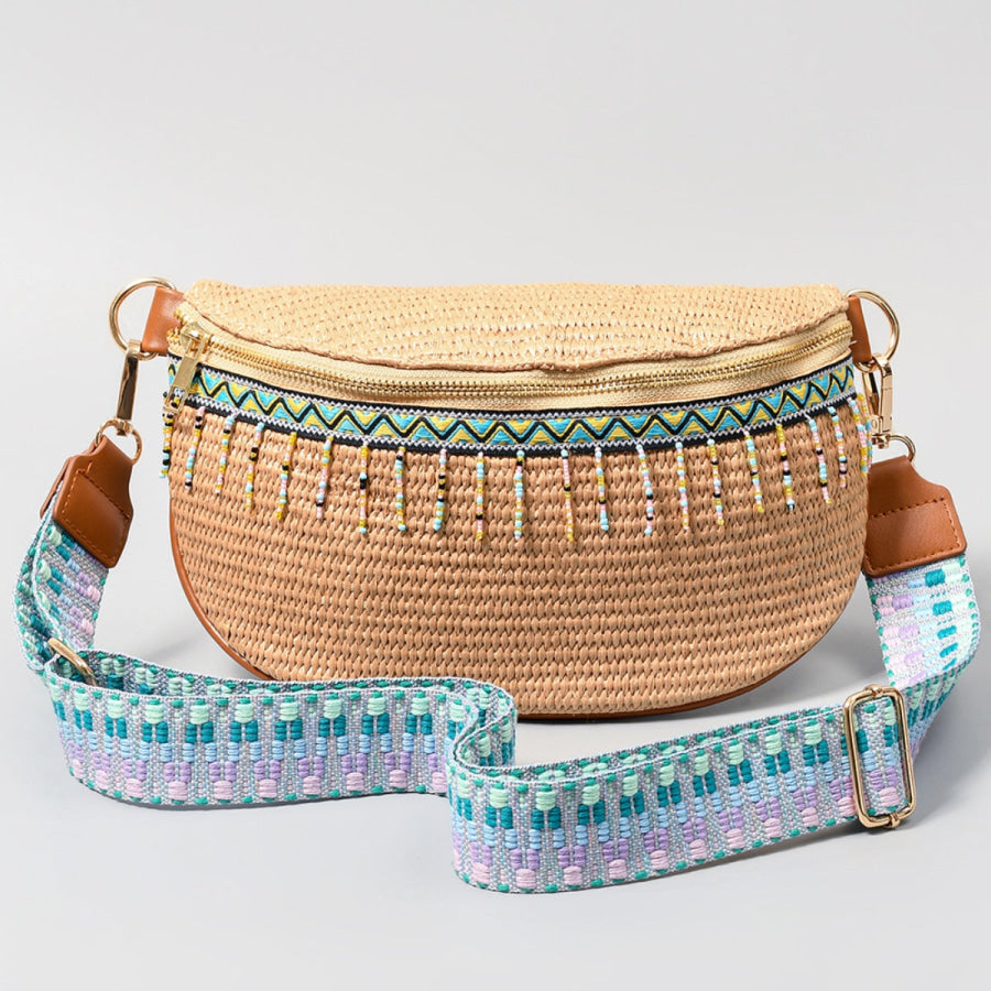 Bead Trim Straw Weave Crossbody Bag Tan / One Size Apparel and Accessories