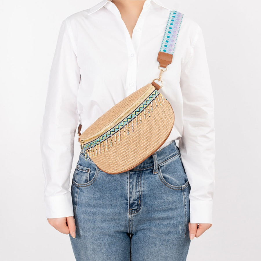 Bead Trim Straw Weave Crossbody Bag Tan / One Size Apparel and Accessories