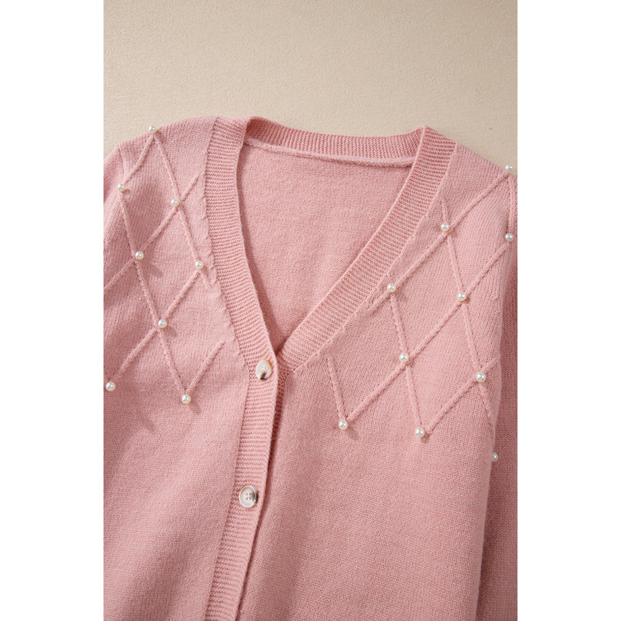 Beaded V-Neck Button Up Long Sleeve Cardigan Apparel and Accessories