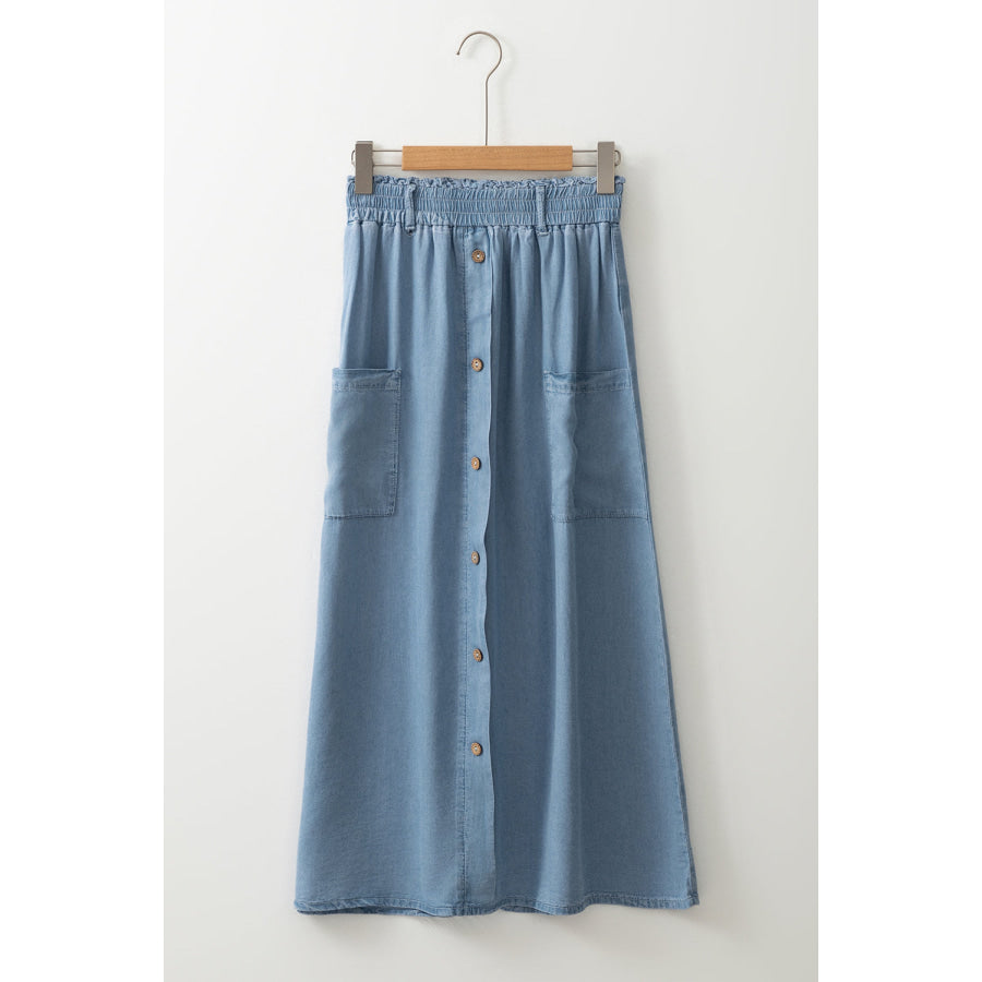 Beau Blue Buttoned Front High Waist Side Pockets Denim Maxi Skirt Bottoms/Skirts & Petticoat