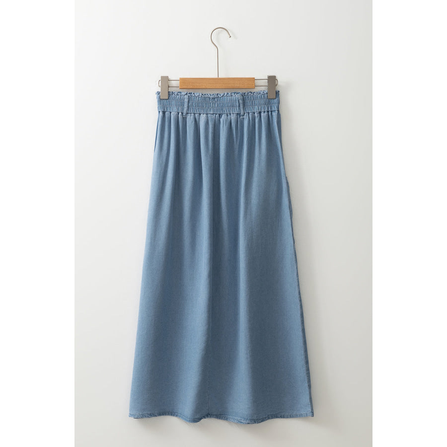 Beau Blue Buttoned Front High Waist Side Pockets Denim Maxi Skirt Bottoms/Skirts & Petticoat