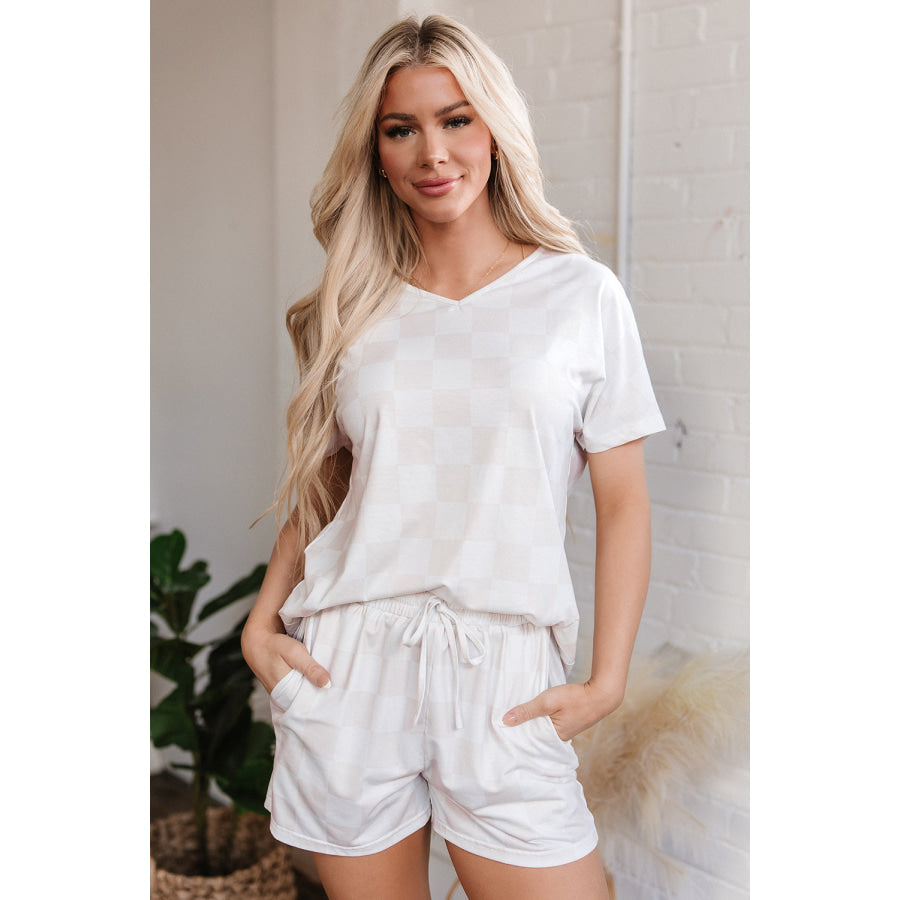 Beige Checkered V Neck Tee Drawstring Shorts Lounge Set Loungewear & Sleepwear/Loungewear