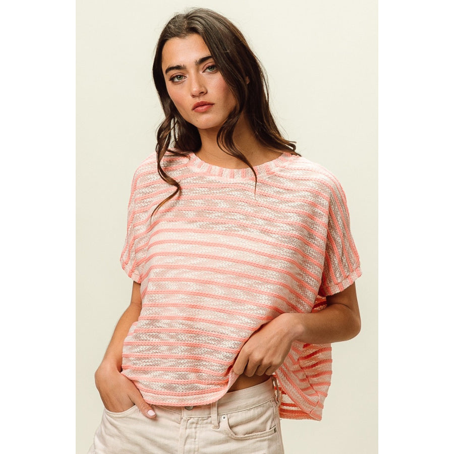 BiBi Braid Striped Short Sleeve Round Neck T - Shirt Apparel and Accessories
